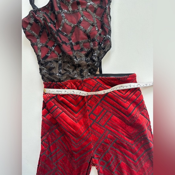 Figure Skating/Dance Unitard One Sleeve Spandex Velvet- Red/Black - Cut Out Side - Picture 8 of 8